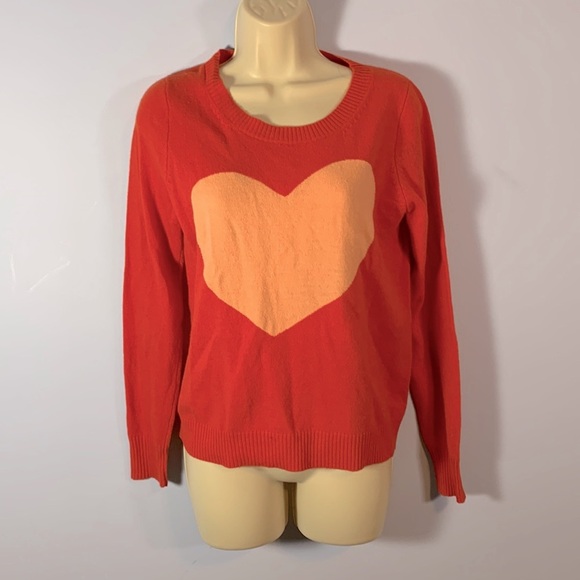 J Crew size small red orange cashmere wool blend pink heart sweater crew neck - Picture 1 of 8